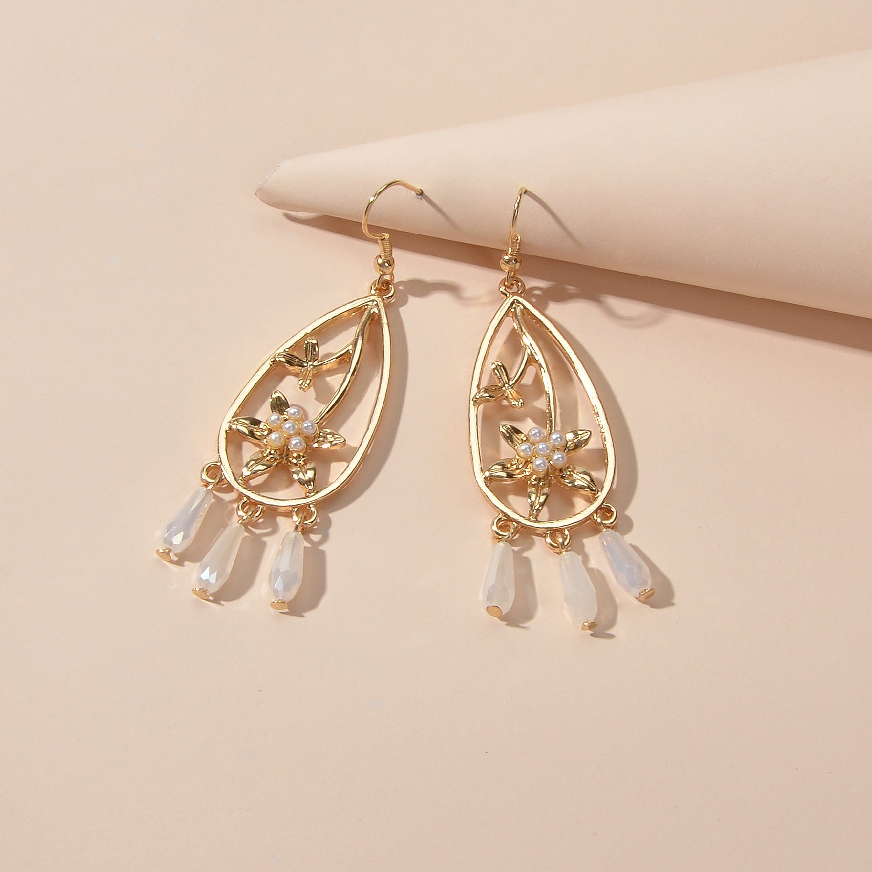 Courtly Style Pearl Flower Beads Charm Hollow Water Drop Dangle Hook Earrings