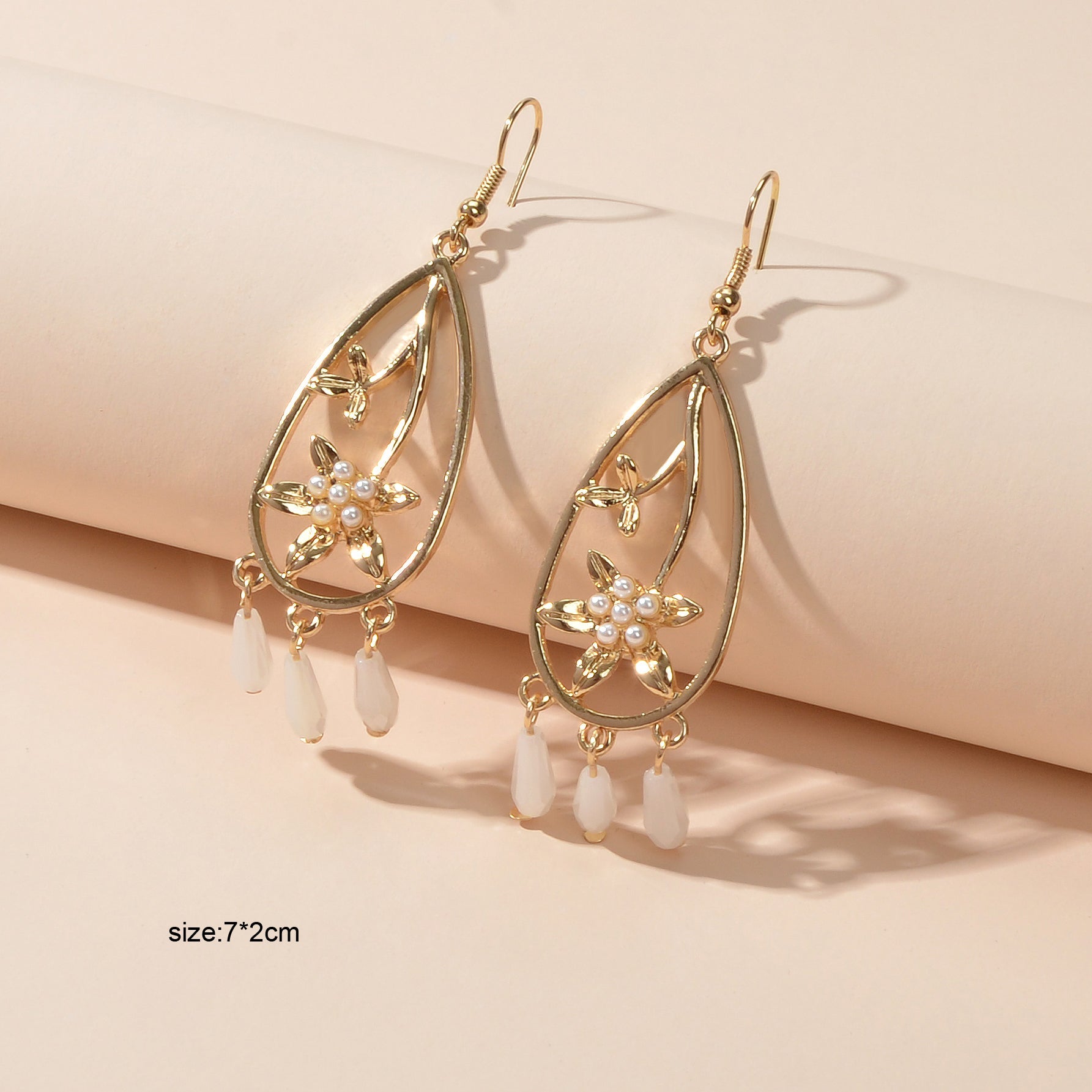 Courtly Style Pearl Flower Beads Charm Hollow Water Drop Dangle Hook Earrings